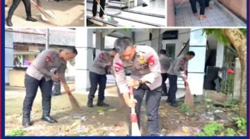 Jaga Kebersihan Rumah Ibadah, Brimob PMJ Korvey Lingkungan Masjid Al Mubarokah