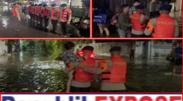 Tim SAR Batalyon C Pelopor Satuan Brimob PMJ Bantu Warga Tembus Banjir di Puri Flamboyan